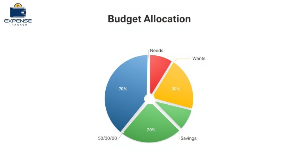 50/30/20 budget rule showing monthly income allocation percentages